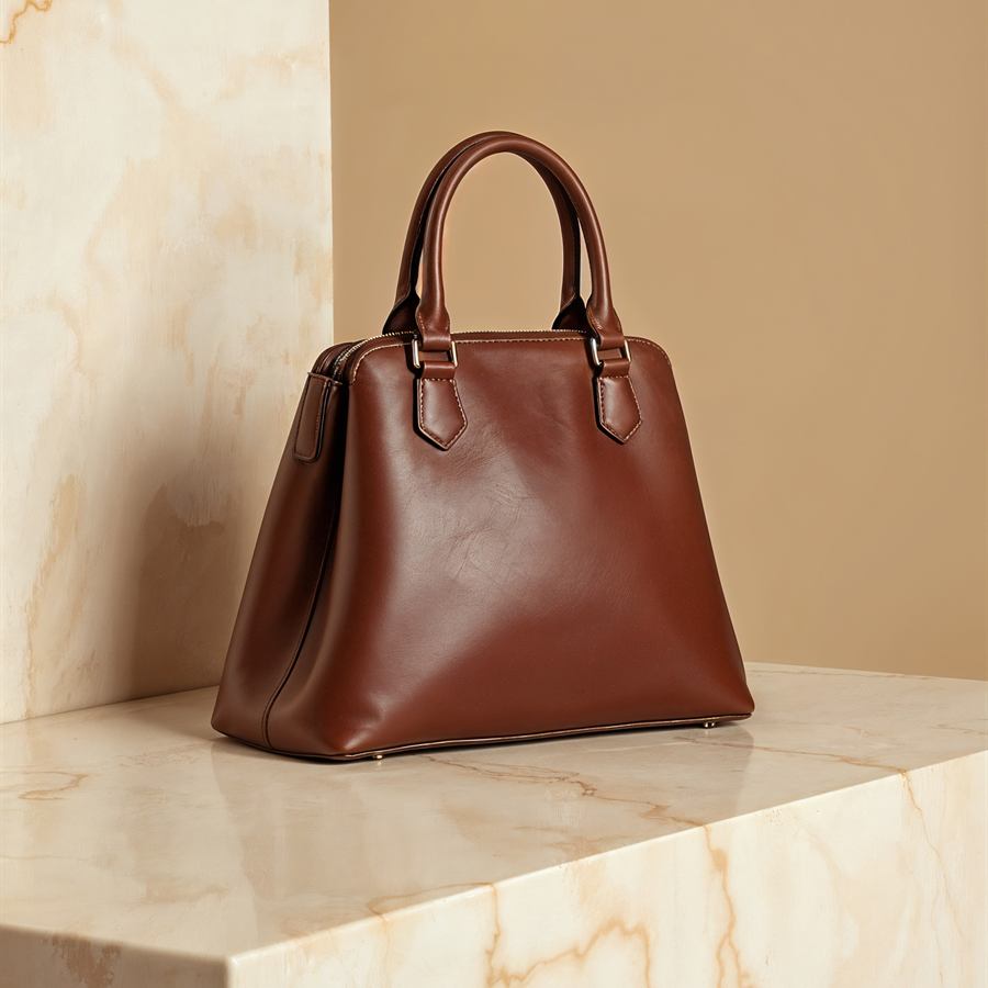 Chestnut brown leather bowling bag on a marble plinth