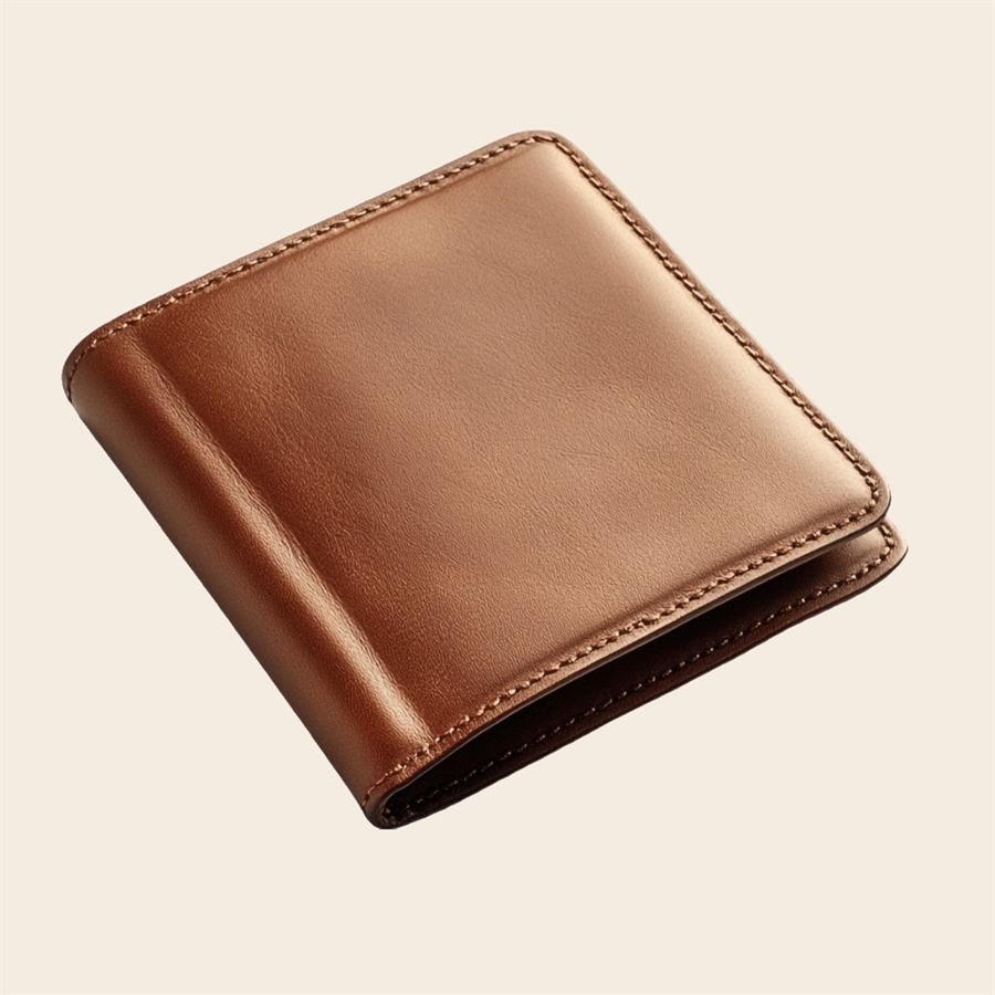 Tan smooth leather folded card wallet with stitched edges